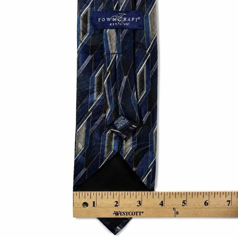 Vintage Towncraft Clip On Tie Mens Blue Gray Gold Geometric Abstract Polyester